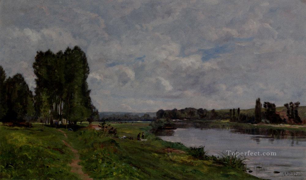 Washerwoman On The Riverbank scenes Hippolyte Camille Delpy Landscapes Oil Paintings